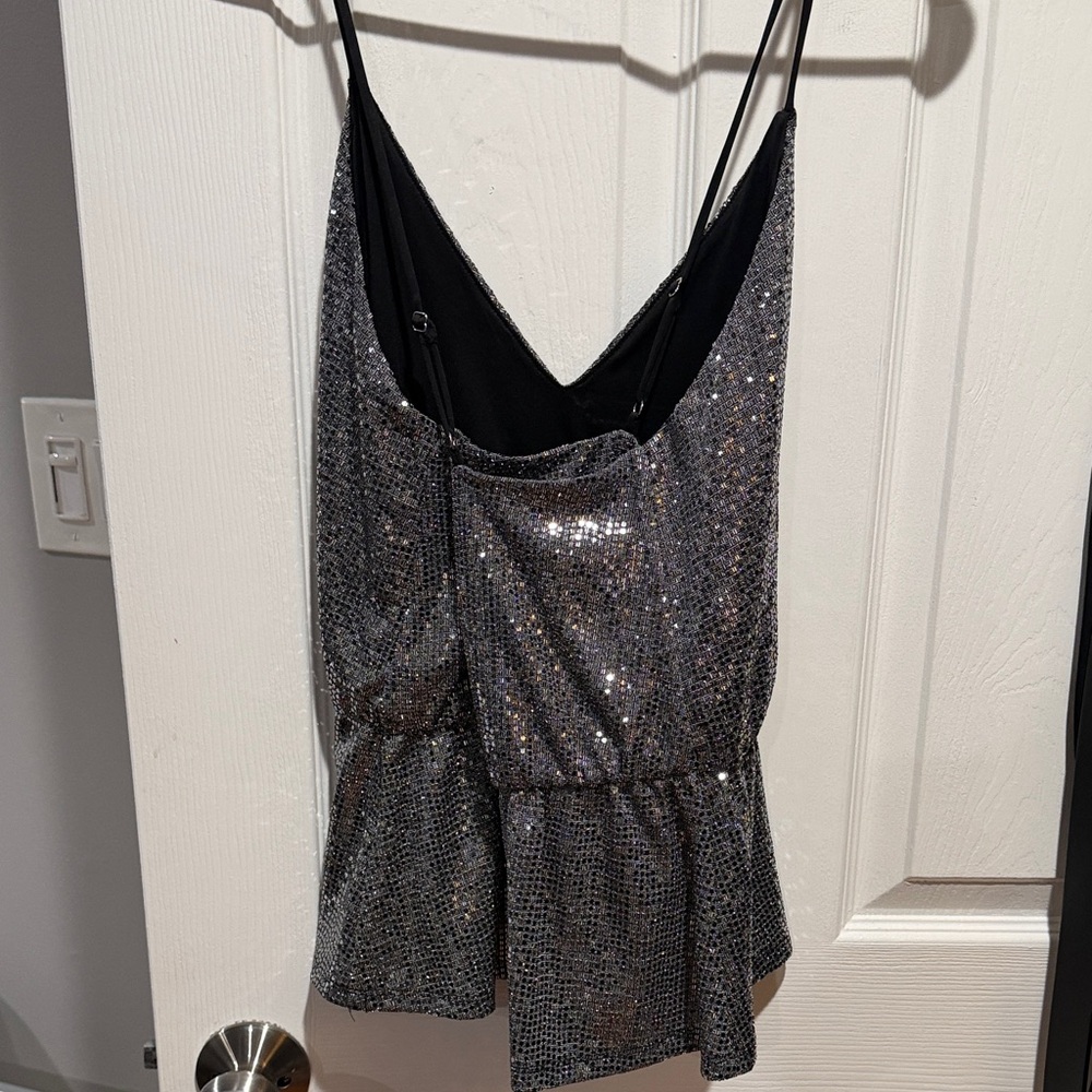 Express Gunmetal Sequin V-Neck Spaghetti Strap Camisole - Picture 2 of 3
